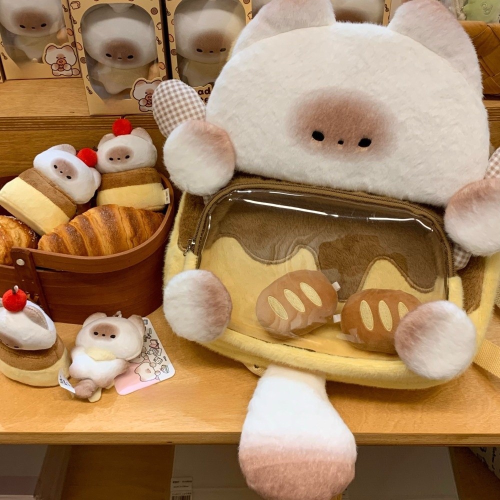 原宿かわいい猫バックパック透明かわいいパン猫痛バッグふわふわソフト学生スクールバッグショッピング