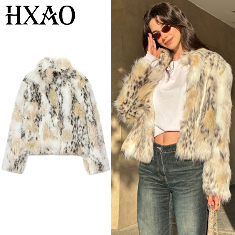 HXAO ヒョウクロップドジャケット女性の毛皮のコート秋冬豪華な長袖トップスふわふわ新しいコート