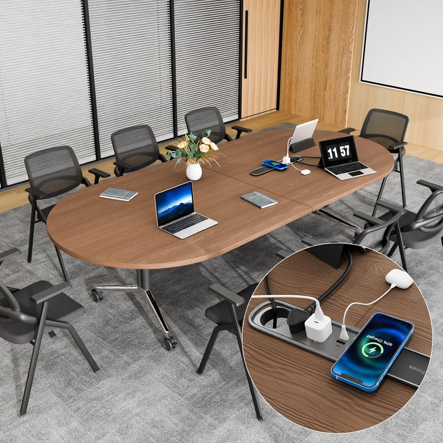 8FT 折りたたみ会議テーブル 6-8 人用、モバイル会議室テーブル、電源コンセント付き、大型楕円形ウォールナット会議、カスタム