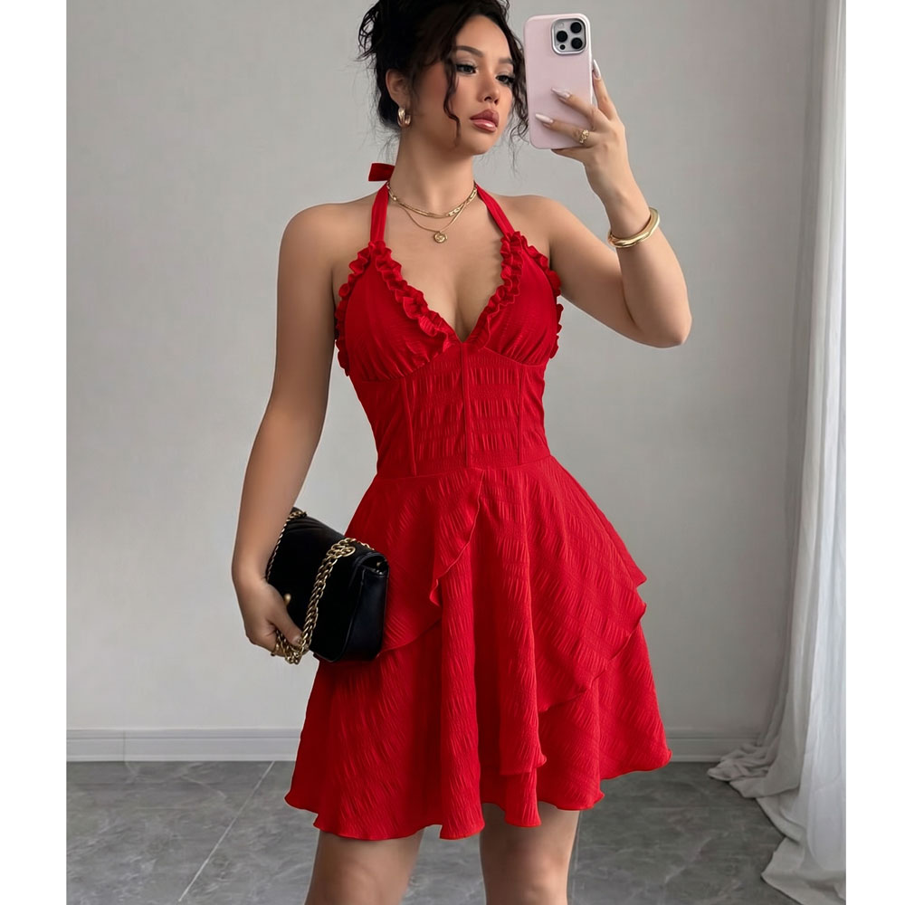 女性の夏のノースリーブホルター女性ドレスレースアップバックレスミニドレス女性 Vestidos デ Verano Mujer