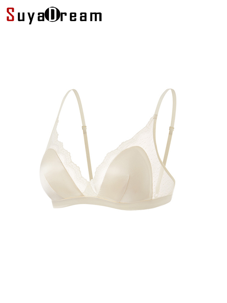 SuyaDream、女性シルクブラジャー、93%シルク7%スパンデックス、トライアングルカップ、ワイヤーフリー、レースパッド入りブラジャー、2025新しい居心地の良い下着、ブラック、ピンク