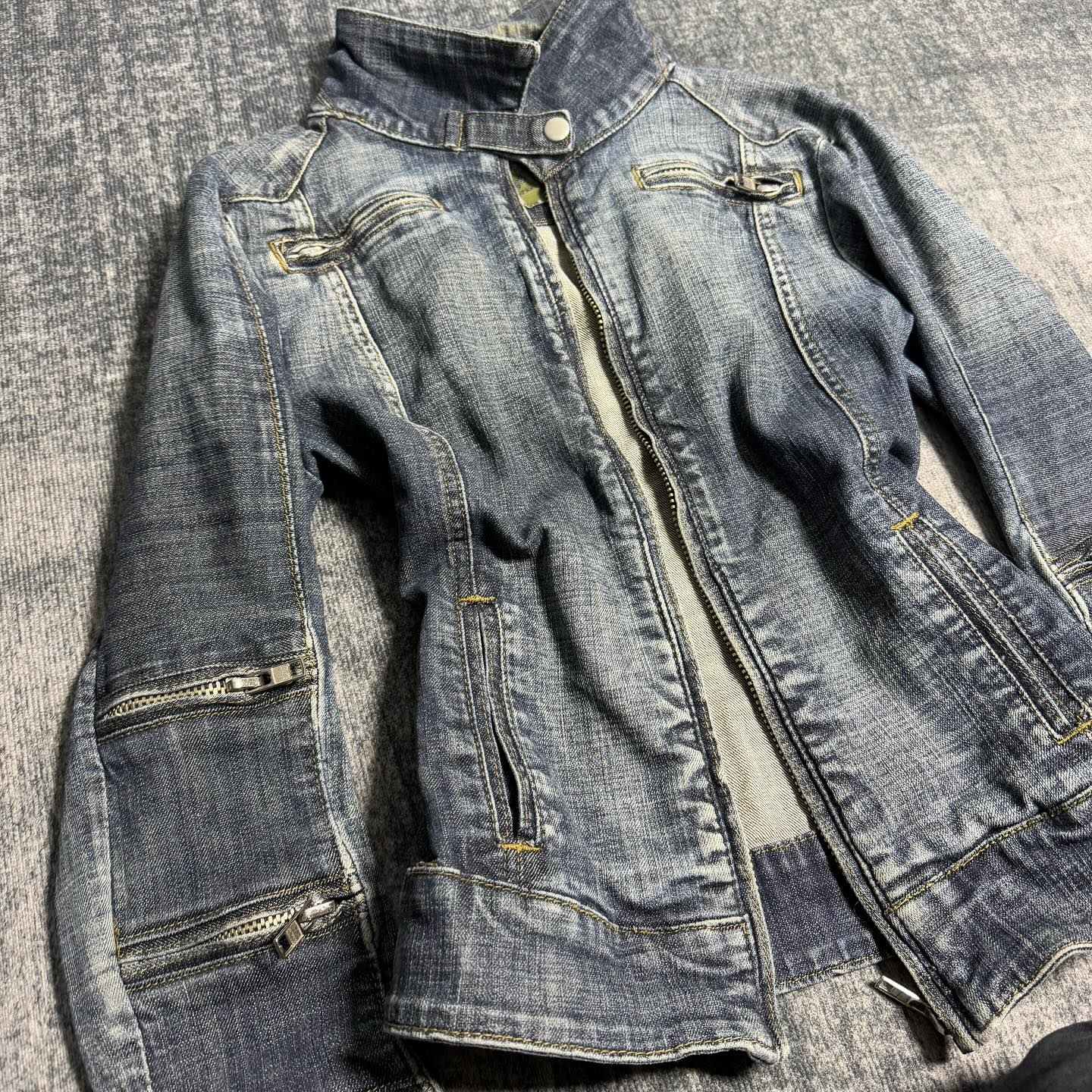 Y2K Vintage Blue Denim Jacket Women Harajuku Fashion  Short Multi Zip Zipper Coat Gothic Punk Sexy Slim Fit Stand Collar Jacket
