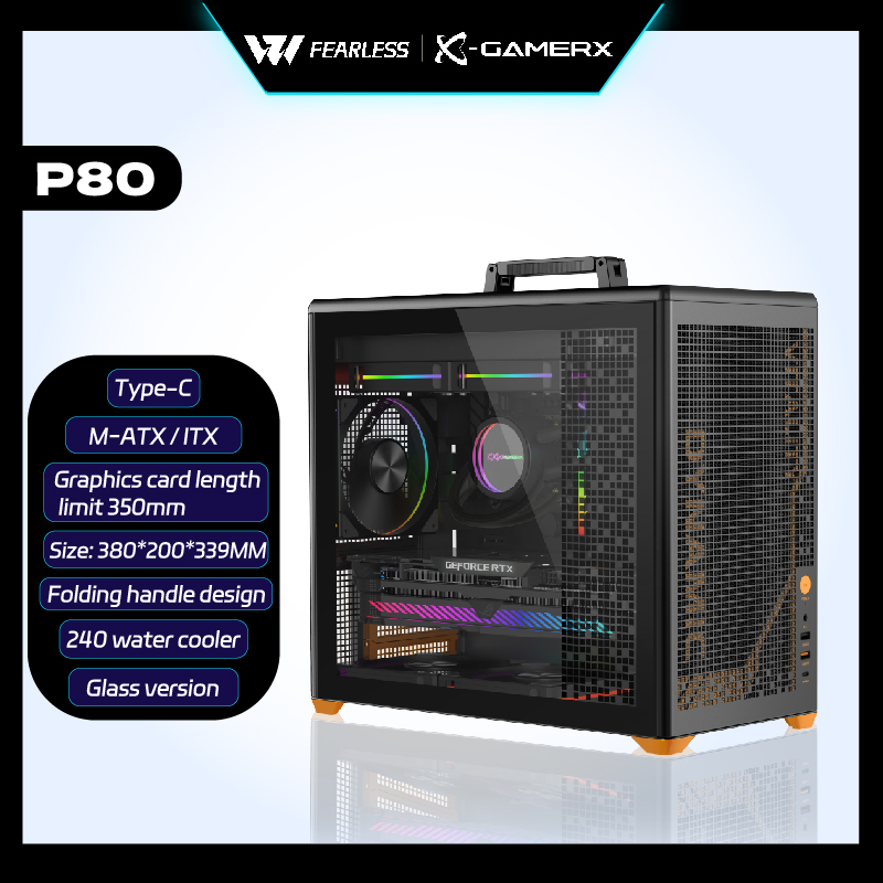 パワートレイン X-GAMERX P80 サイドガラス M-ATX PC ケース Type-C Gabinetes ゲーマー 240 ウォータークーラーデスクトップポータブルハンドコンピュータケース