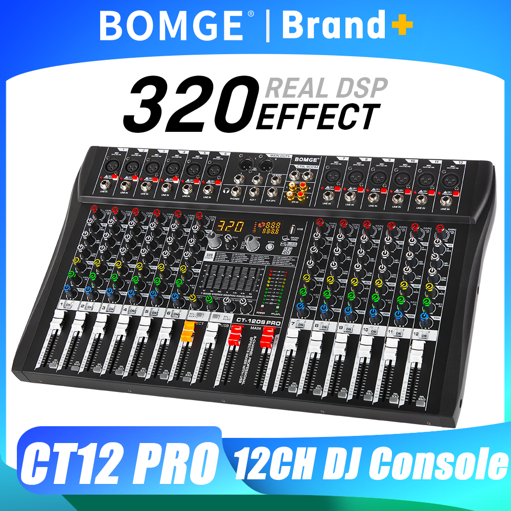 BOMGE プロフェッショナル 12 チャンネルオーディオミキサーミキシング DJ コンソール USB 48V ファンタム電源 320 DSP エフェクトステージ用サウンドテーブル