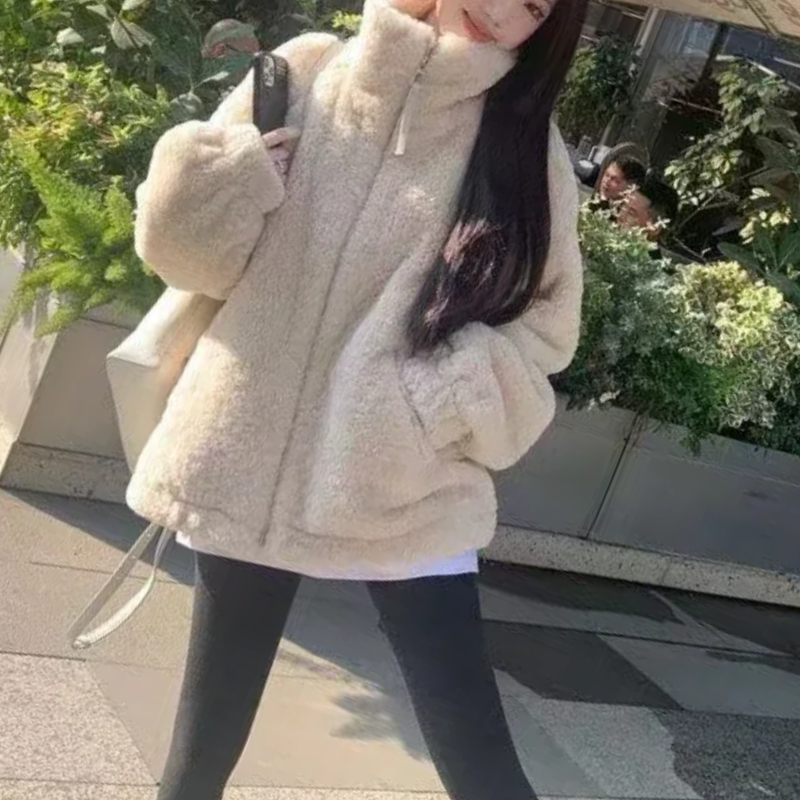 秋冬の新ファッションスタンドカラー長袖ラムウールコート婦人服韓国プラスベルベットカラーブロッキング暖かいトップス