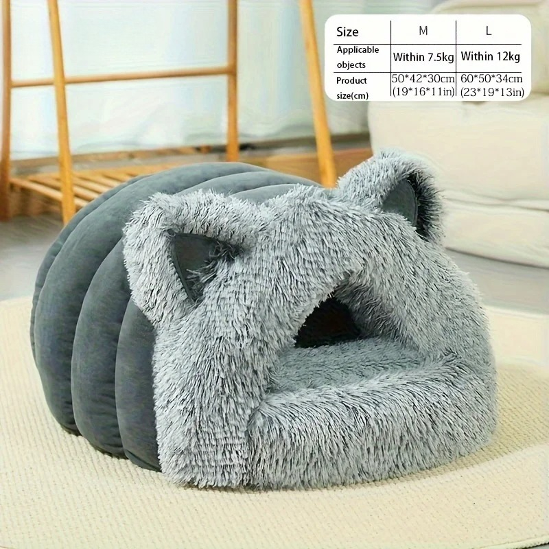 密閉型ペットベッド 冬 暖かい ぬいぐるみ フード付き 猫ベッドハウス かわいい耳付き 屋内巣 洞窟 快適な子猫の隠れ家 小型犬用
