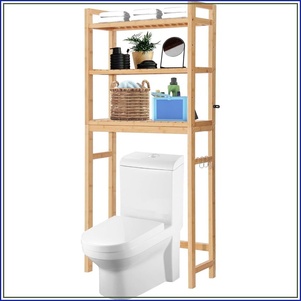 調節可能な3段竹トイレ収納棚 フック3個付き 自立型バスルームオーガナイザー 高さ67インチ ナチュラル