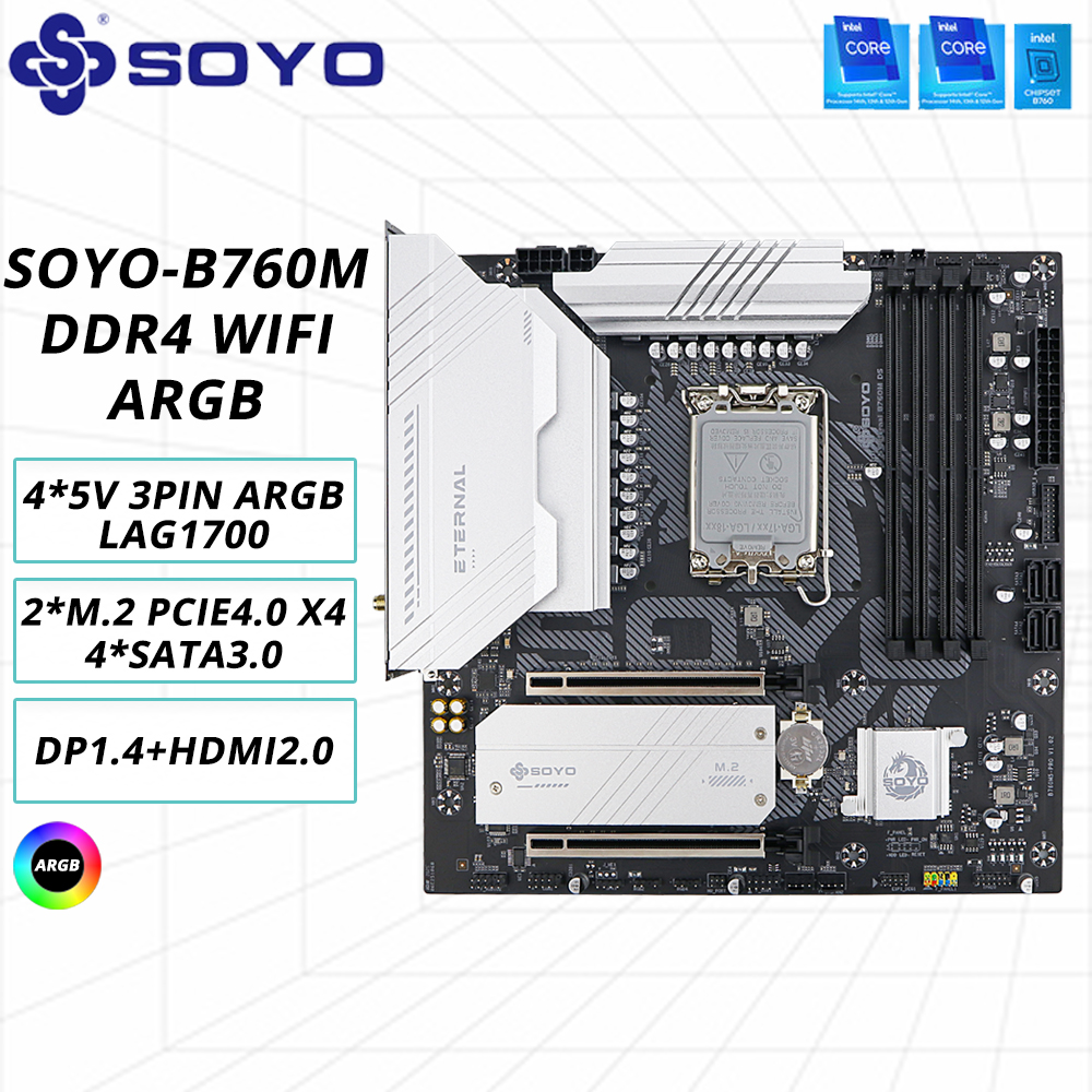 SOYO B760M D4 WiFi DDR4 LGA 1700 インテル B760 M-ATX マザーボード 2 * M.2 PCIe 4.0 Type-C WiFi6 ARGB USB3.2 12/13/14th プロセッサ用