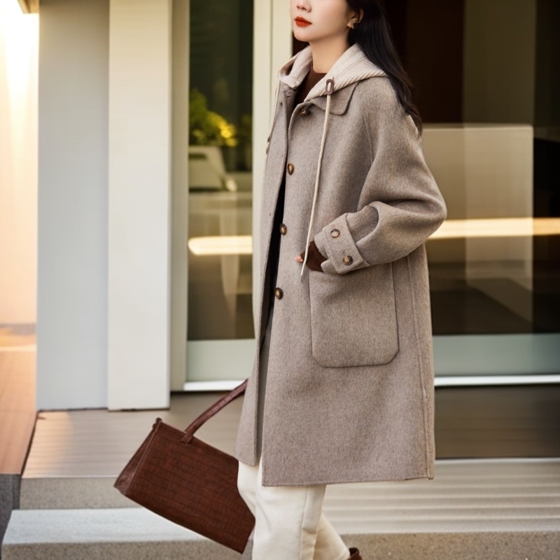 新しい女性両面カシミヤコート女性ソリッドロングフード付きシングルブレスト暖かいウールコート緩い潮秋冬