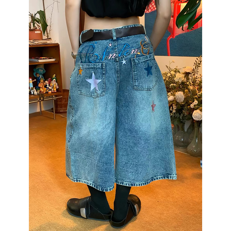 ZHIZOU 女性ブルーゴシックスター刺繍ジーンズレトロジーンズパンツヴィンテージ原宿グランジヒップホップ Y2k ワイドレッグデニムショーツ夏
