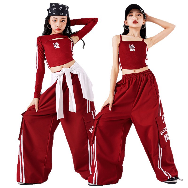 女の子 K-POP クロップトップジョガーカーゴパンツ子供ヒップホップストリートガールグループ服セット子供ストリートダンスジャズ衣装
