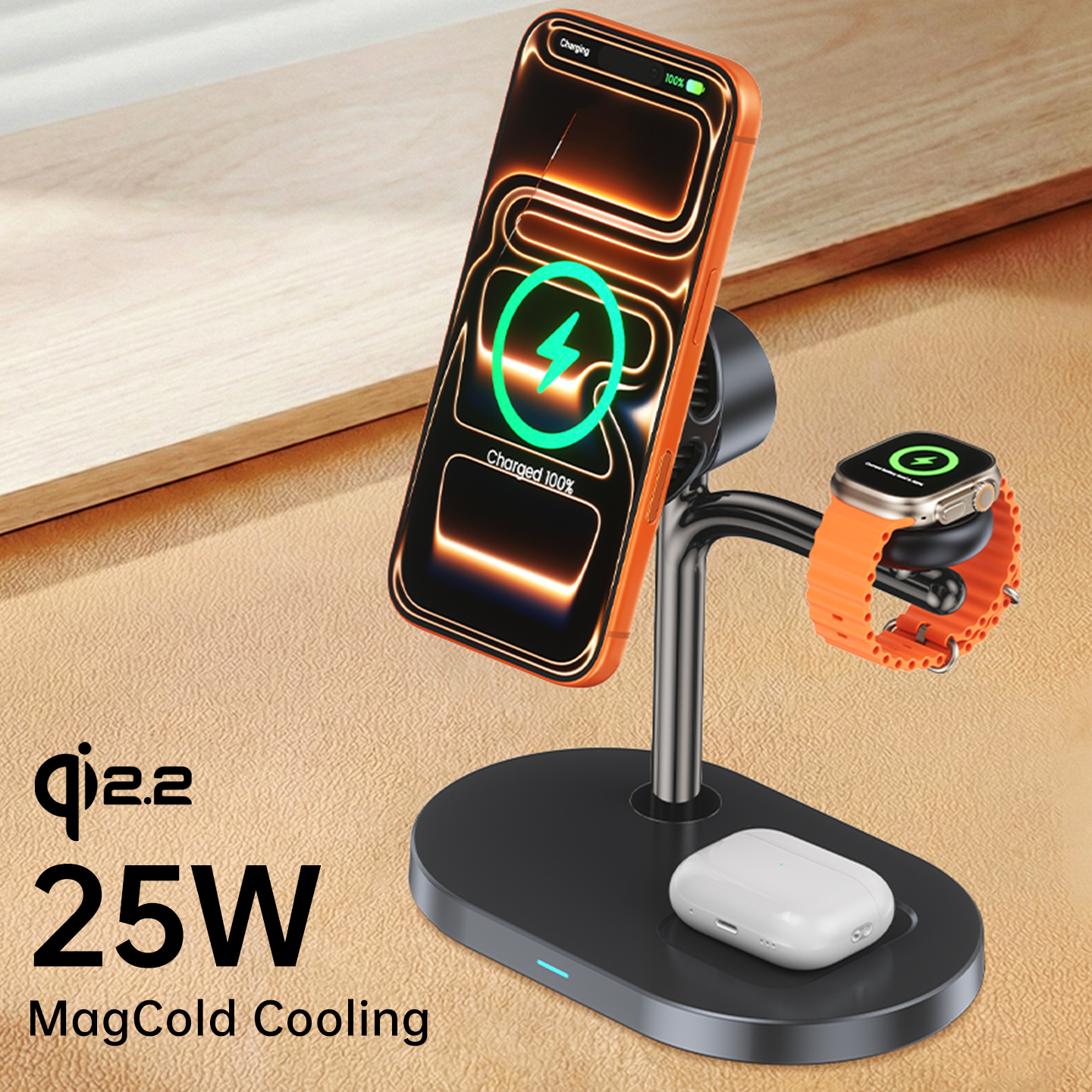 25W MagCold ワイヤレス充電スタンド iPhone 17 Galaxy S26 用、Qi2.2 急速充電器磁気冷却ドック iwatch 用