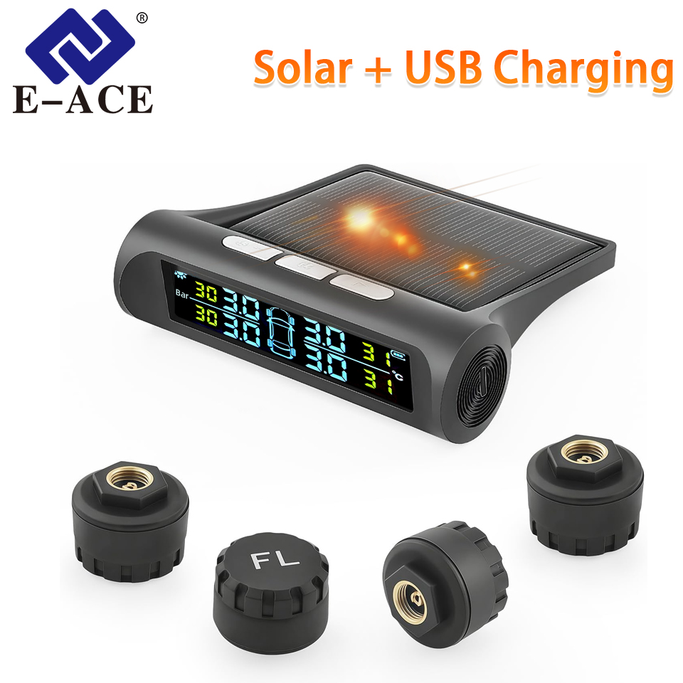 E-ACE USB / ソーラー TPMS 車のタイヤ空気圧モニターシステム 6 セキュリティ警報モードシステムタイヤ温度自動デジタル LCD ディスプレイ