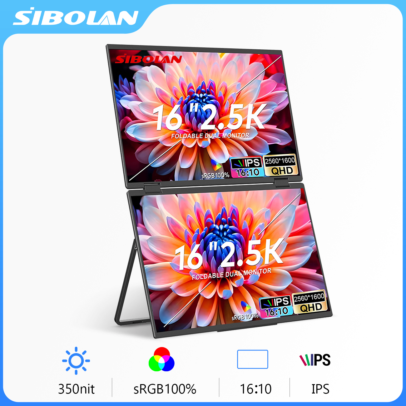 SIBOLAN 16 "2.5k メタルデュアルポータ​​ブルモニター IPS 2560x1600 UHD 16:10 折りたたみ PC ディスプレイ タイプ C HDMI ラップトップミニ PC PS5/4 用