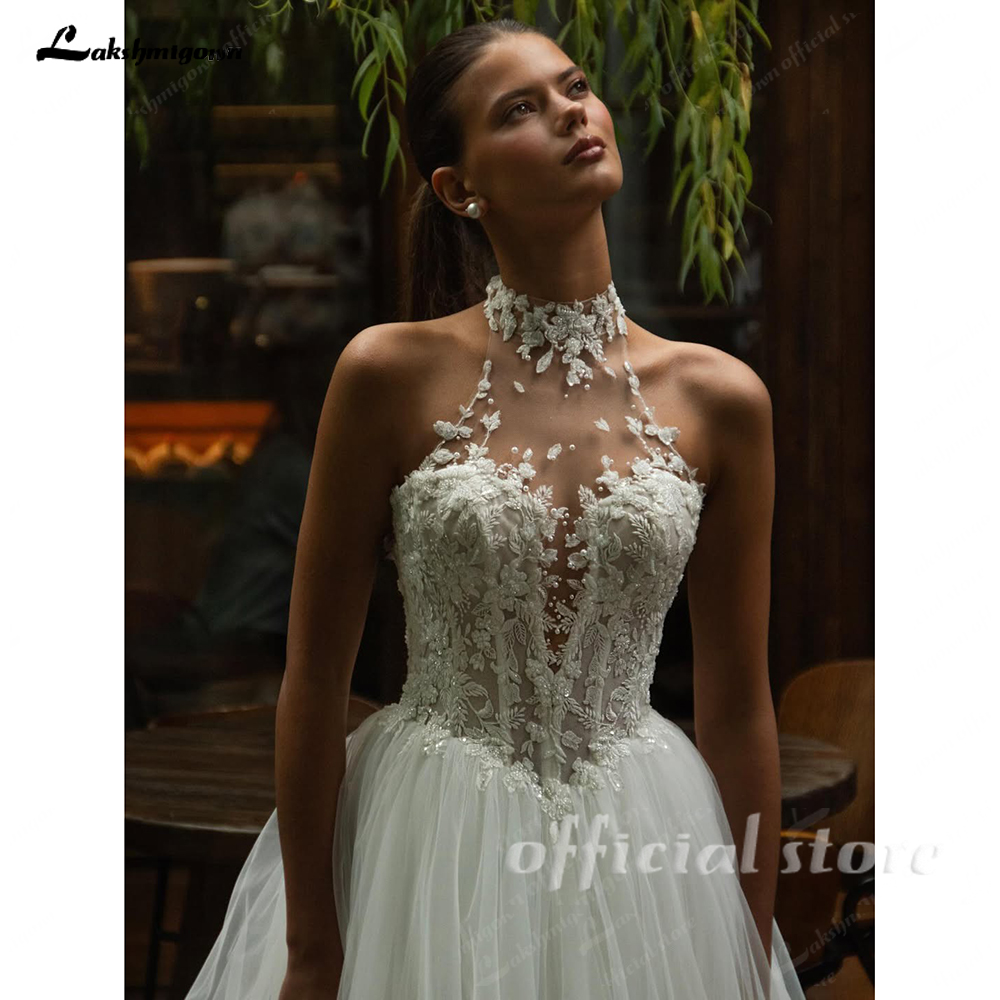 Lakshmigown ホルターイリュージョンウェディングドレスレースアップリケビーズチュール A ラインブライダルドレス高級女性の花嫁ドレスカスタマイズ