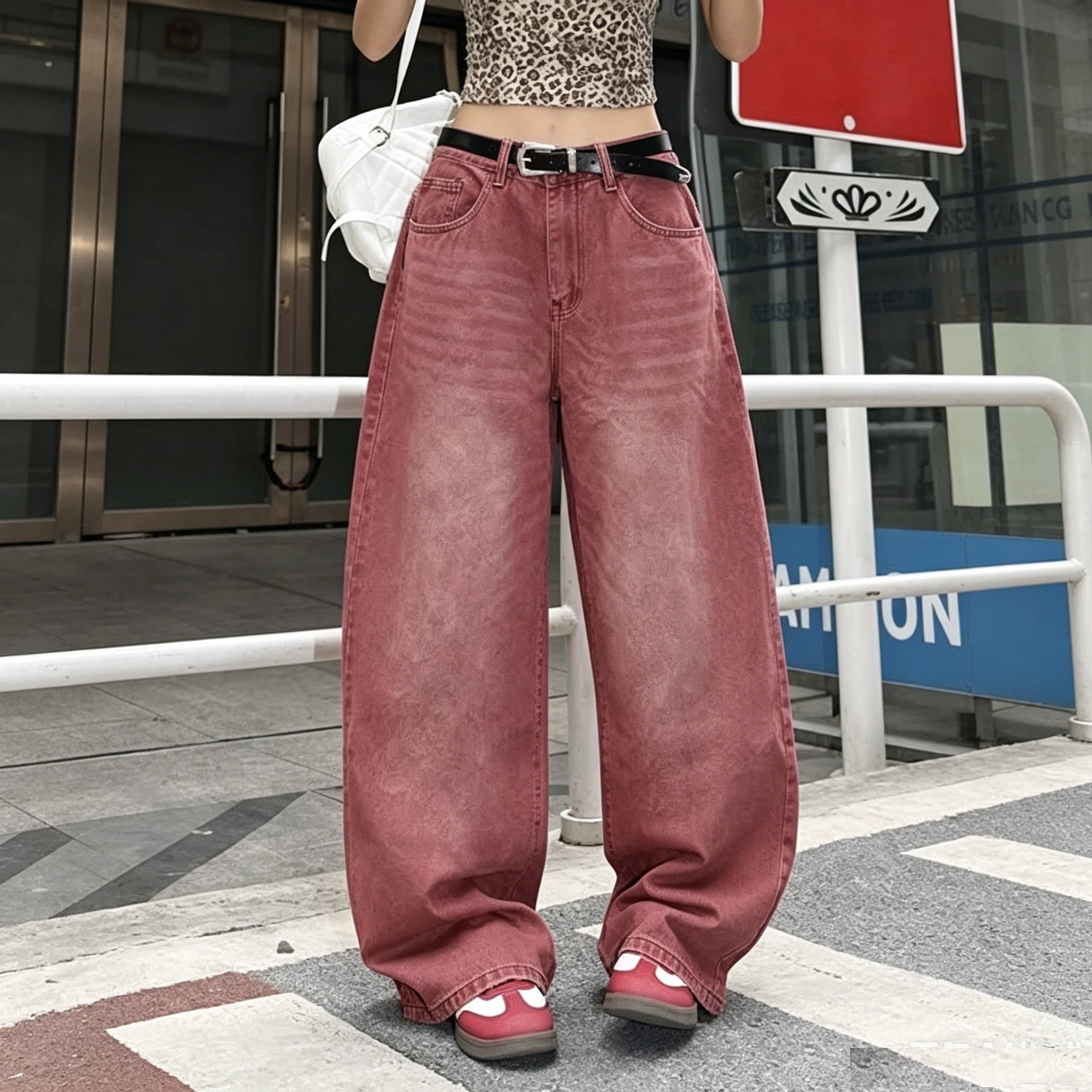 UP.THE レディース ヴィンテージ レッド バギー ワイドレッグ ジーンズ、ローライズ ルーズ Y2K デニム パンツ、レトロな色あせたストリートウェア パンツ、日常着に最適