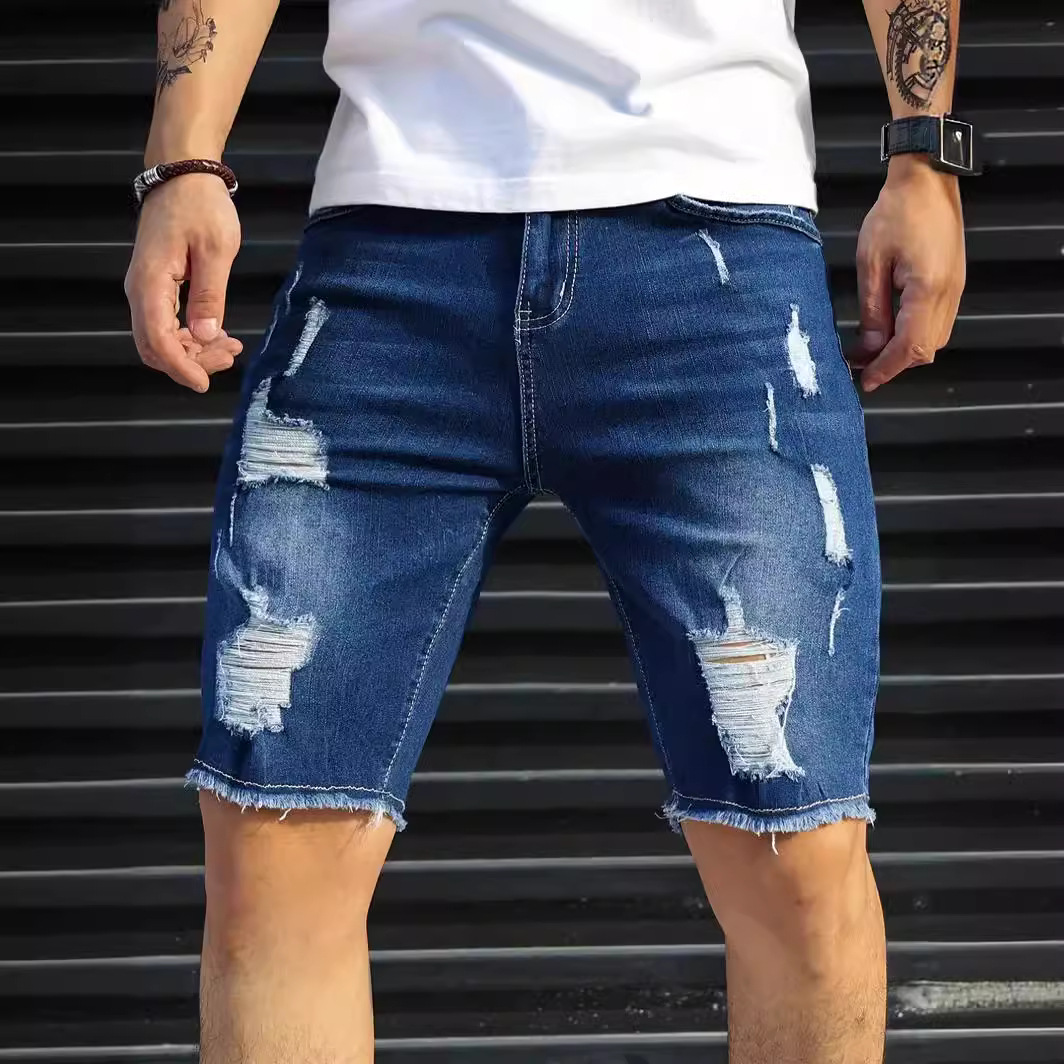 夏破れたジーンズ男性ストレッチデニムショーツ男性ショートジーンズスリムストレートショーツファッション黒ジーンズ男の服ストリート