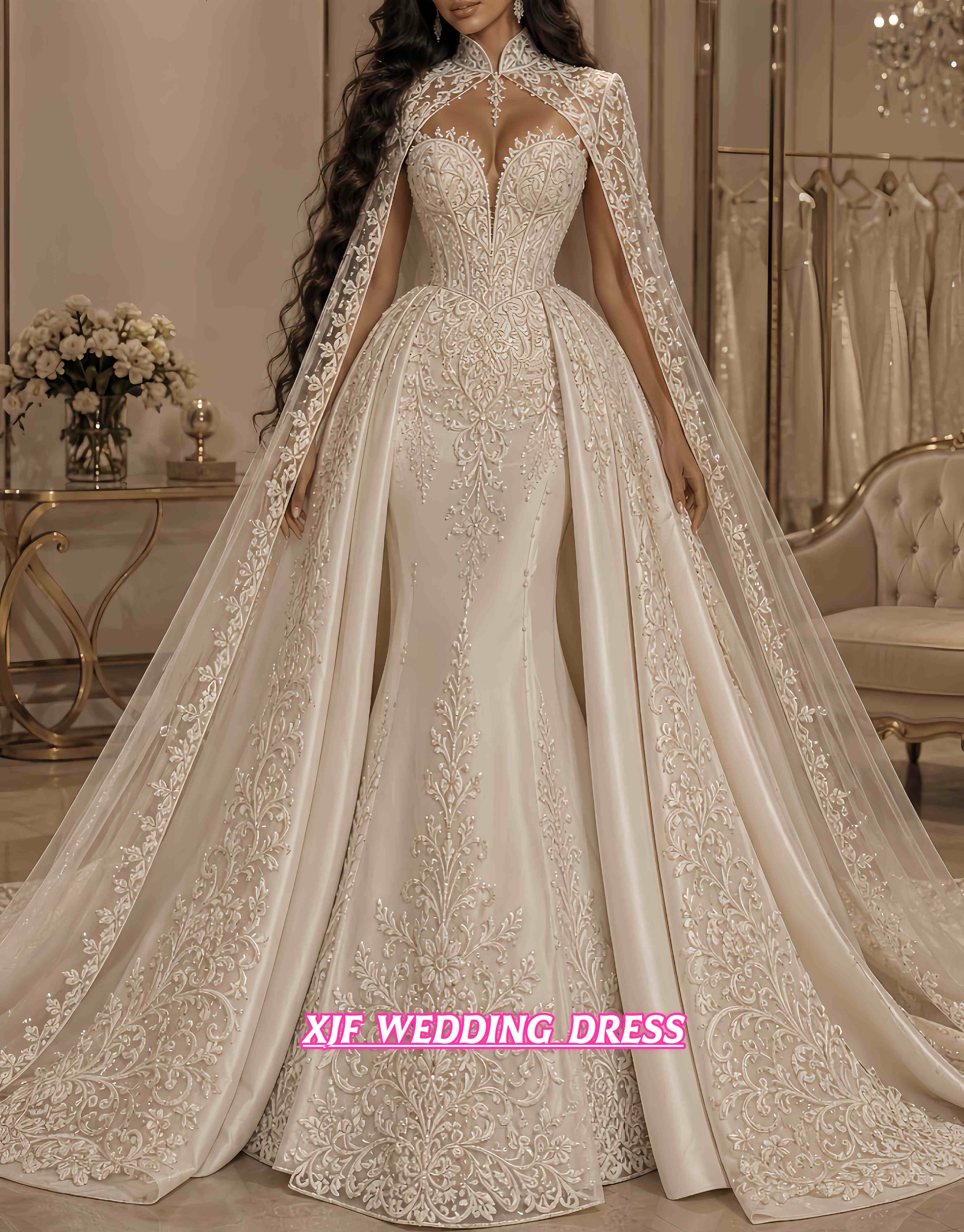 カスタマイズされたマーメイドのウェディングドレス V ネックショールノースリーブ取り外し可能なトレインツーインワン Vestidos De Novia
