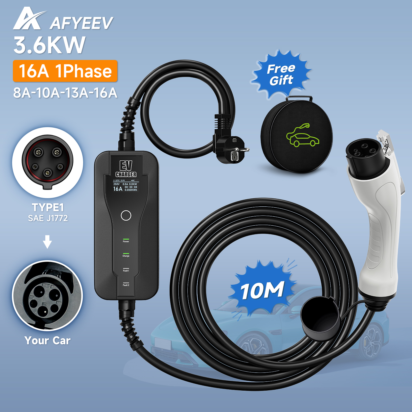 AFYEEV 16A 3.6kw 5 メートル Type2 Type1 EV 充電器ポータブル GBT 電気自動車充電器 EVSE 充電ケーブル安全性と信頼性の高いウォールボックス