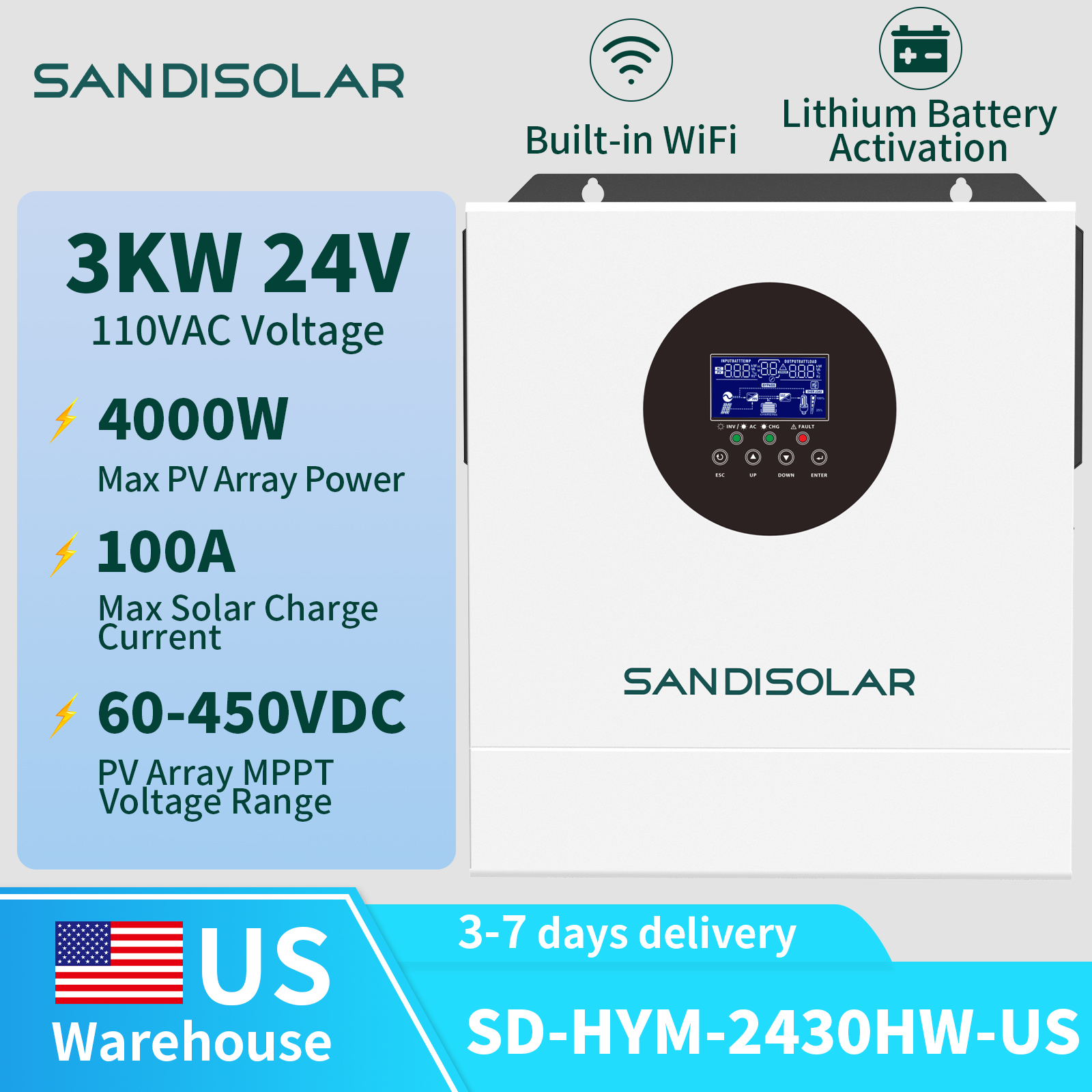 SANDISOLAR 3KW 24V 家庭用オフグリッドソーラーインバーター 120V 米国純粋正弦波 4000W PV 入力 100A MPPT 内蔵 WiFi ソーラーチャージャー