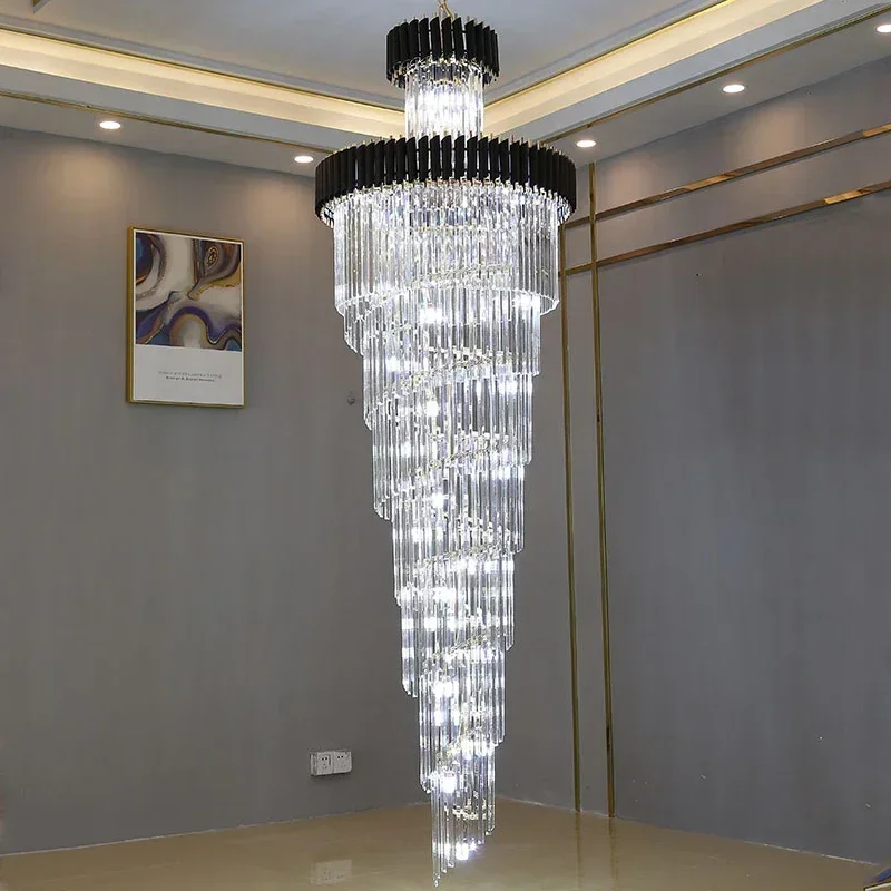 大型トップロング高級 Led クリスタルシャンデリアブラックステンレス鋼多層照明階段ホテルホールリビングルーム