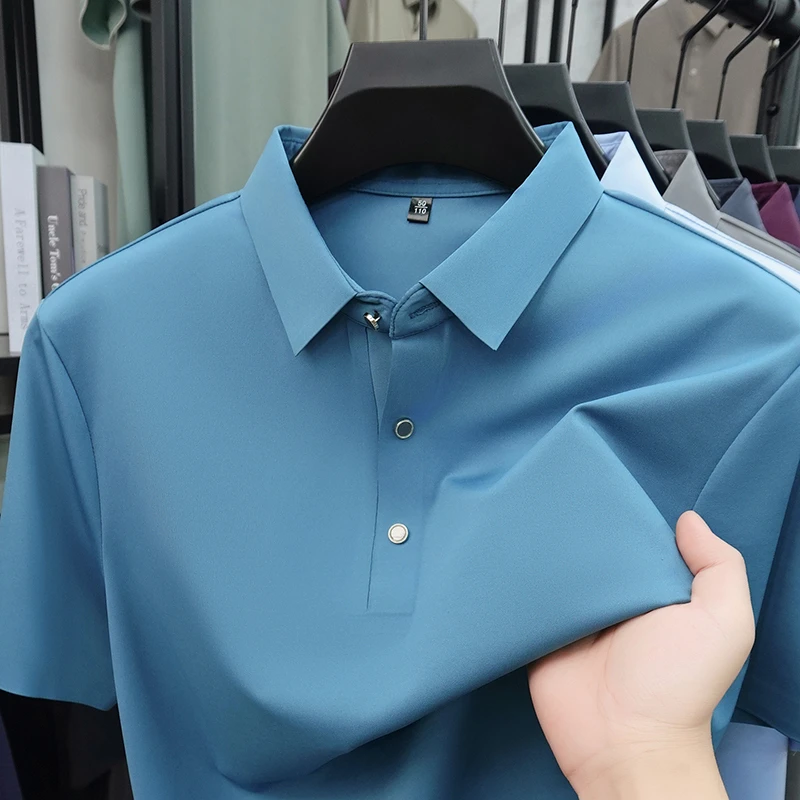 2026 New Men's Solid Polo Shirt Wrinkle Resistant Ice Silk Fabric Short Sleeve For Office And Casual