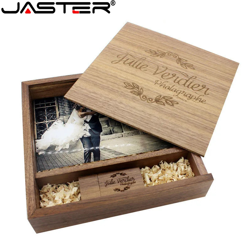 JASTER クルミメープルフォトアルバム木製 USB ボックスメモリスティックペンドライブ 128 ギガバイト 64 ギガバイト U ディスク写真撮影ウェディングギフト無料カスタムロゴ