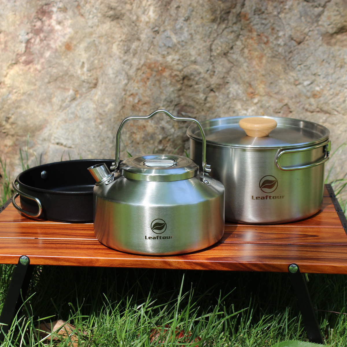 Leaftour ステンレススチール キャンプ調理器具セット ケトル ポット パン - 2～3人用のアウトドアクッキング必需品