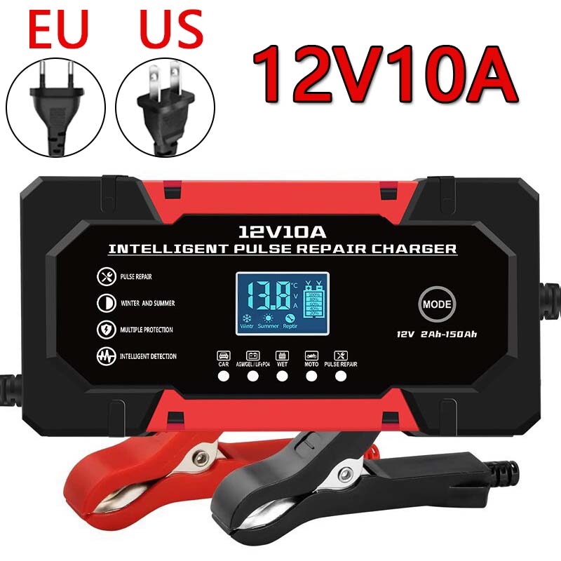 車のバッテリー充電器 12V 10A EU US AU UK プラグタッチスクリーンパルス修理デジタル LCD ディスプレイスマート急速充電器車オートバイ用