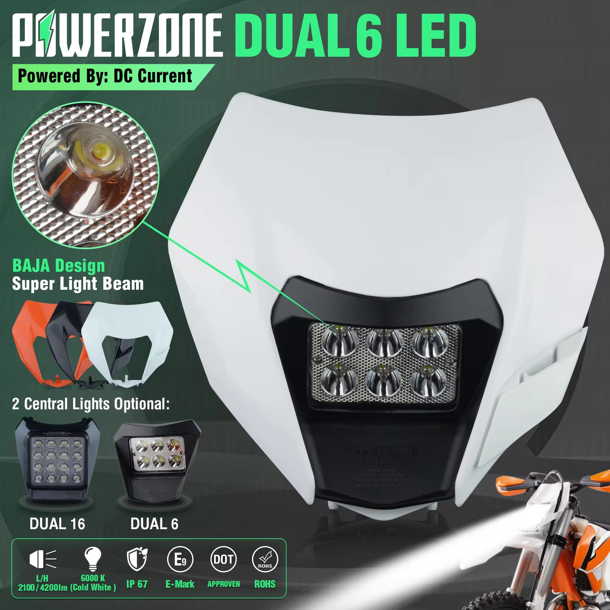PowerZone LED オートバイヘッドライトヘッドランプヘッドライトスーパーモトフェアリング KTM EXC SXF MX ダートバイクエンデューロフロントヘッドライト