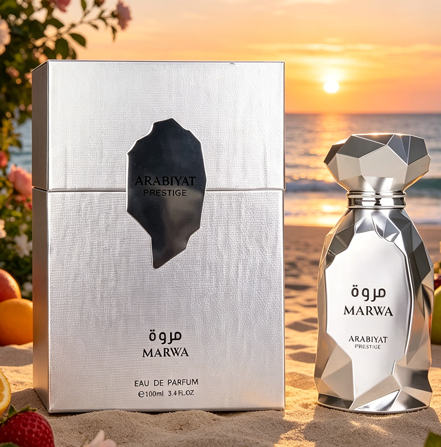 Arabiyat Prestige MARWA 中東ドバイ ユニセックス香水、3.4オンス100ml、フレッシュウッドフレグランス、シルバーギフトボックスパッケージ、高級フレグランス、あらゆる会場に最適、完璧なギフトの選択