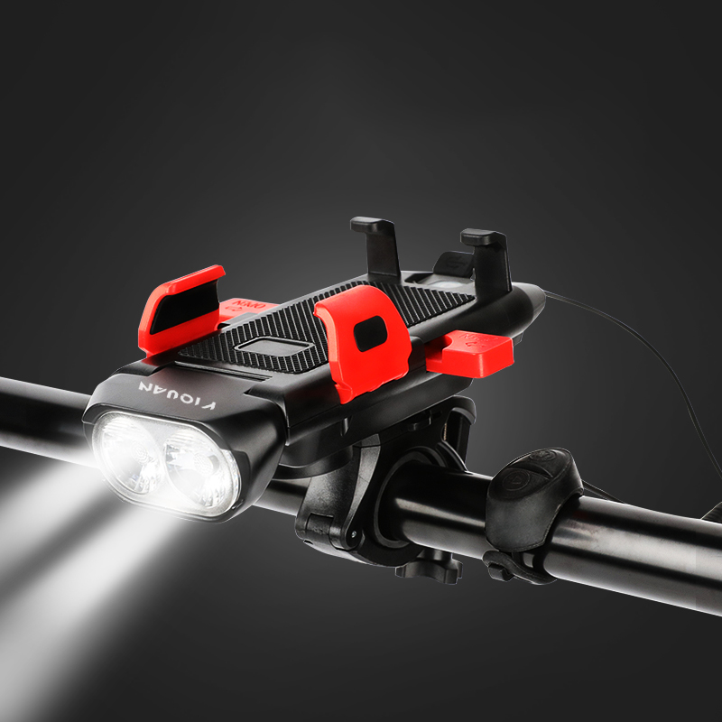 新しい到着者 4 で 1 USB 充電式防水自転車ヘッドライト LED 自転車ライトホーンと電話ホルダー自転車ライト