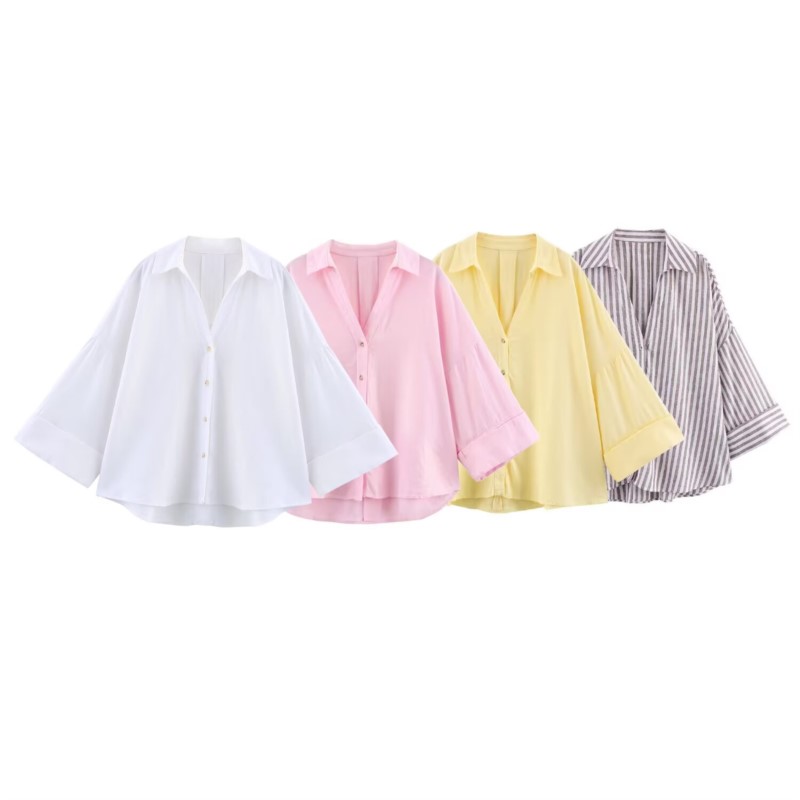 HipSeam ワイドスリーブシャツ女性春非対称裾ボタン女性のシャツシンプルな女性ジョニーカラーシャツ