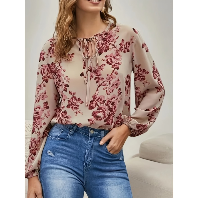 プラスサイズ 1XL-5XL 女性の秋のファッションプリントフリルエッジ長袖女性の Tシャツポリエステルランプスリーブボタン装飾
