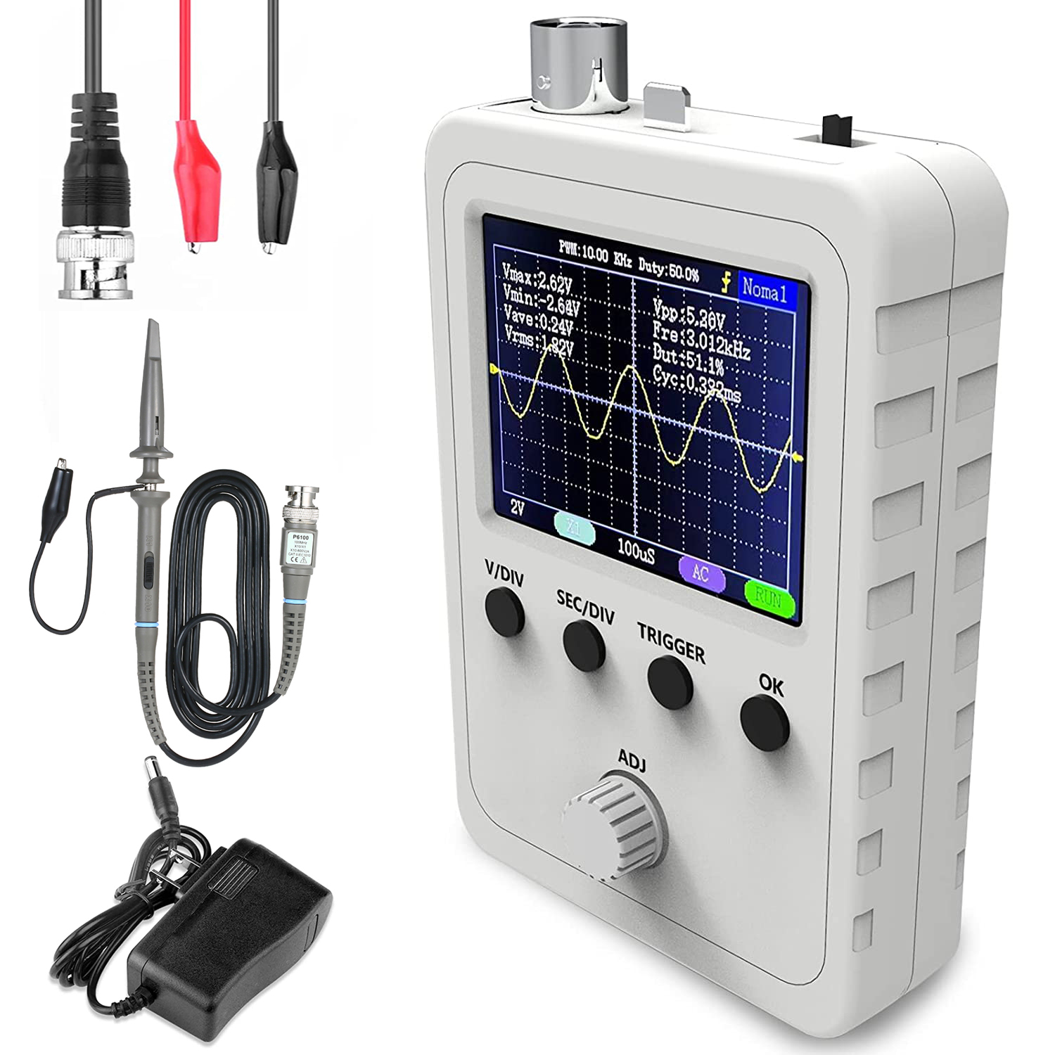 FNIRSI 2.4 インチ TFT ハンドヘルドデジタルオシロスコープ 0-200KHz 帯域幅 1M サンプリングレート、BNC クリップケーブルプローブと電源付き
