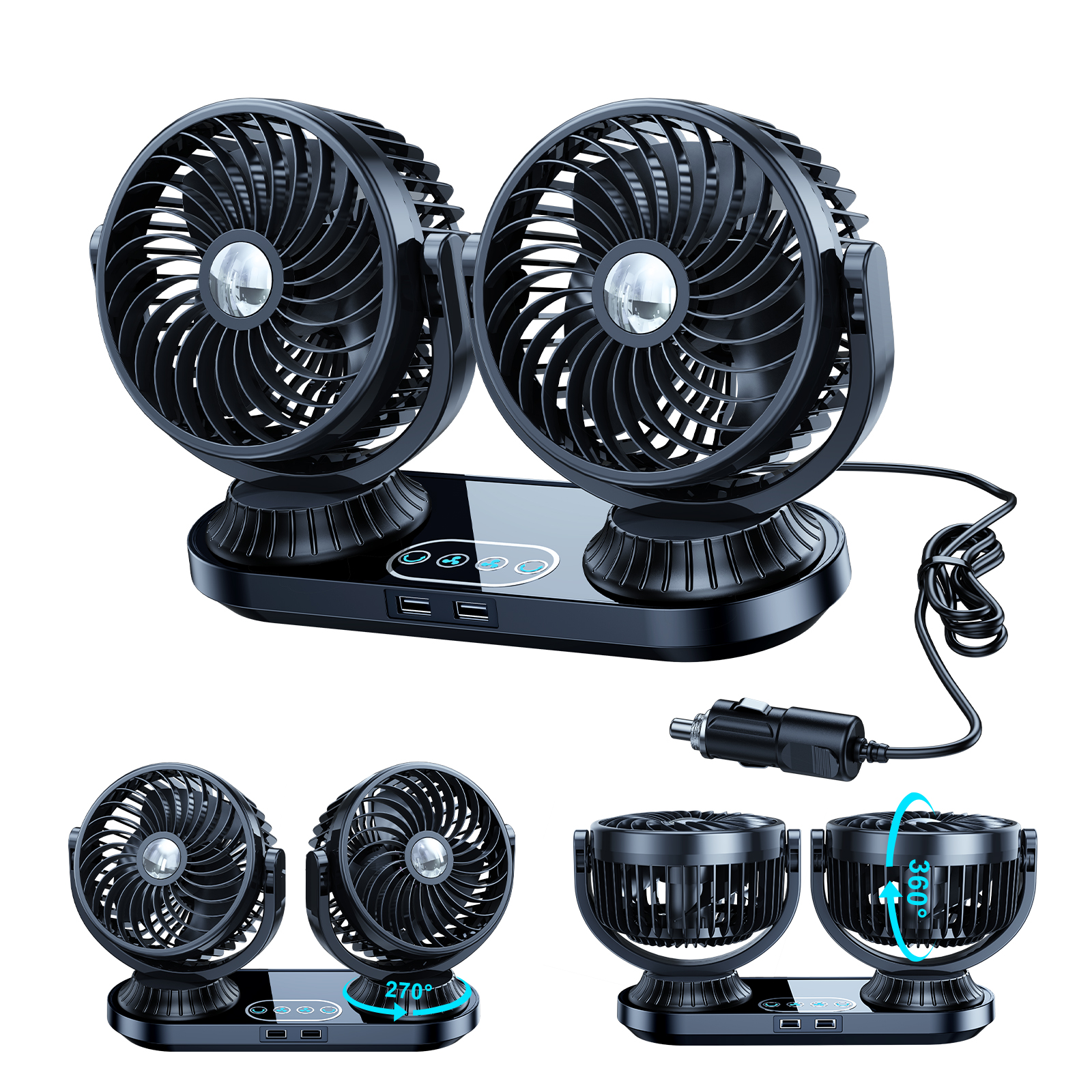 ポータブルカー 1/デュアルヘッドファン 12 V/24 V 3 スピード風自動冷却ファン 270 ° 回転可能な車両ファンダッシュボード空気循環