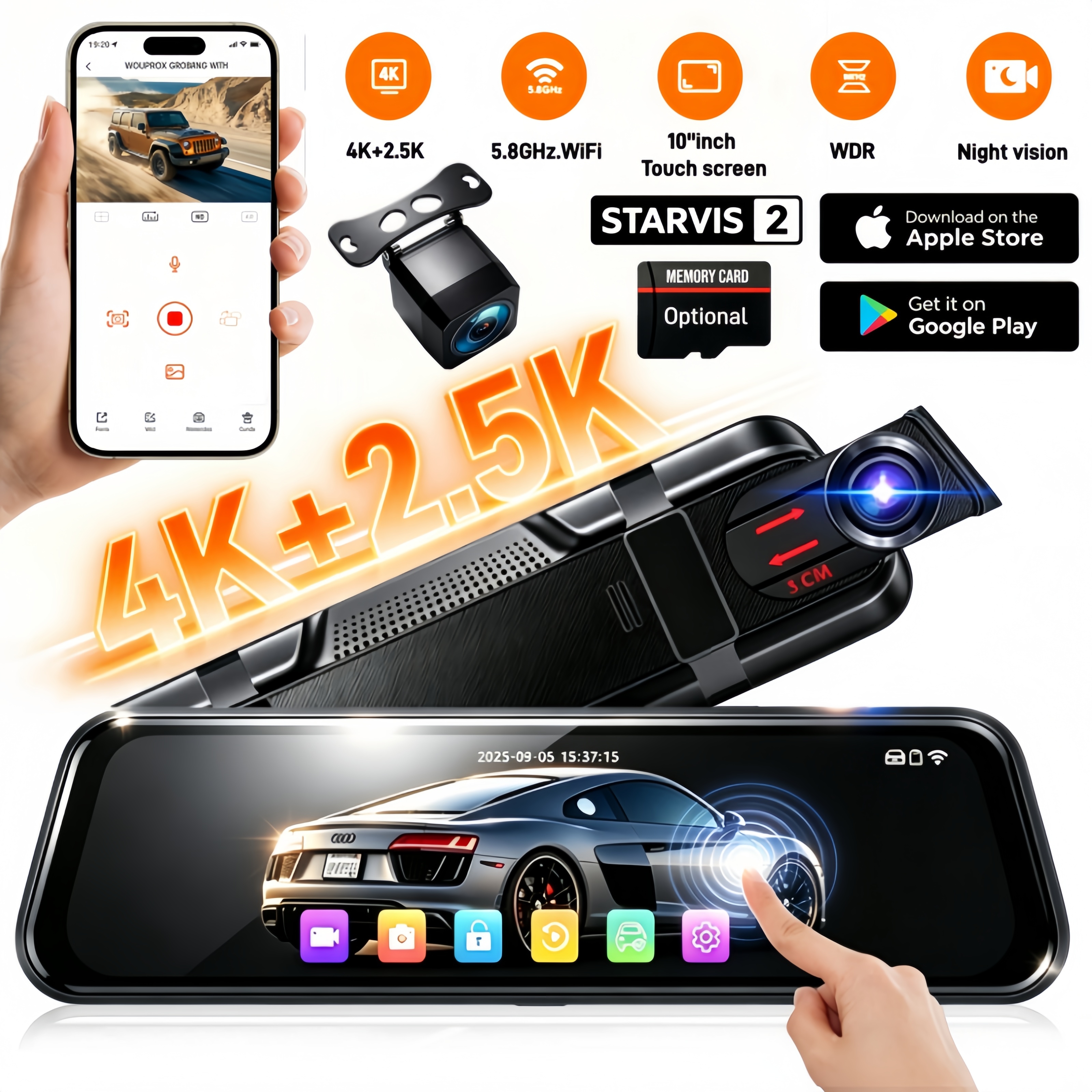 10 Inch Car DVR Car Touch Screen video Recorder with WiFi 4K+2.5K Dual Rearview Mirror Front and Rear Night Vision Camera Mirror
