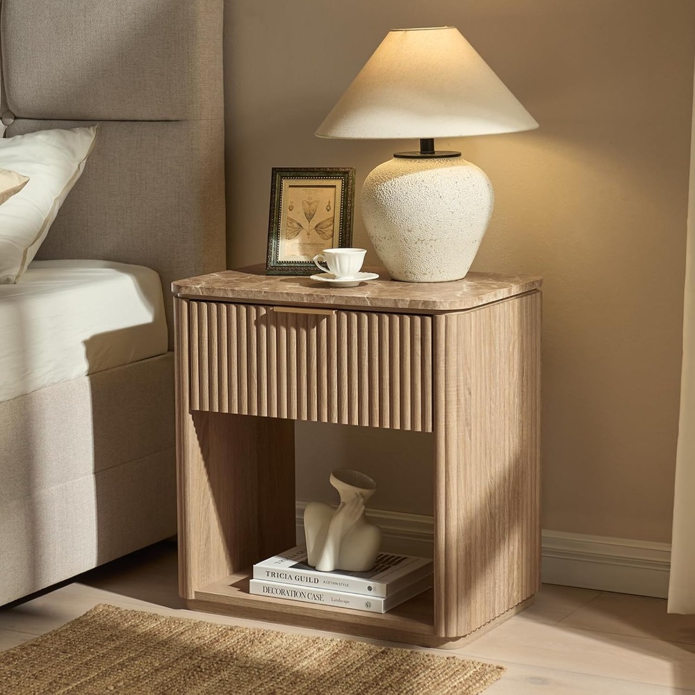 Curved Corner Fluted Wood Nightstand Set of 2,23"W,Faux Marble Top & Drawer,Bedroom Side Table, Custom