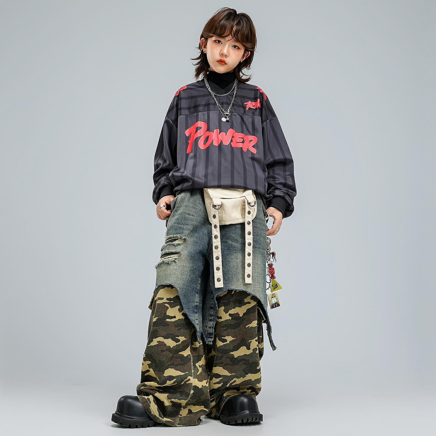Kid Kpop Hip Hop Clothing Black Stripe Sweatshirt Denim Blue Camo Patchwork Street Wide Pants for Girl Boy Dance Costume Clothes