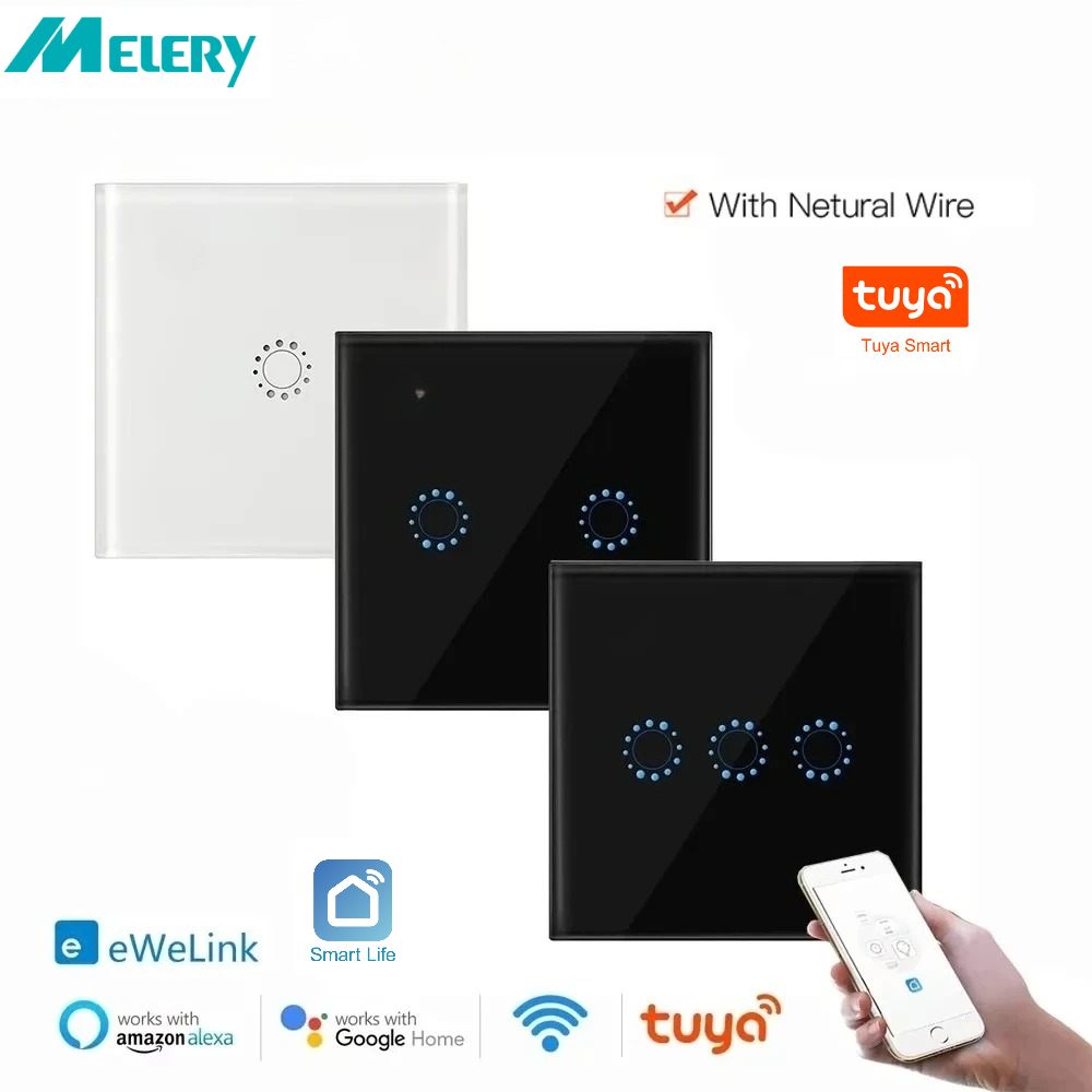 Melery スマート WiFi Tuya Ewelink ライト壁スイッチタッチガラスパネルワイヤレス音声リモコン Alexa Google ホーム 1/2/3Gang