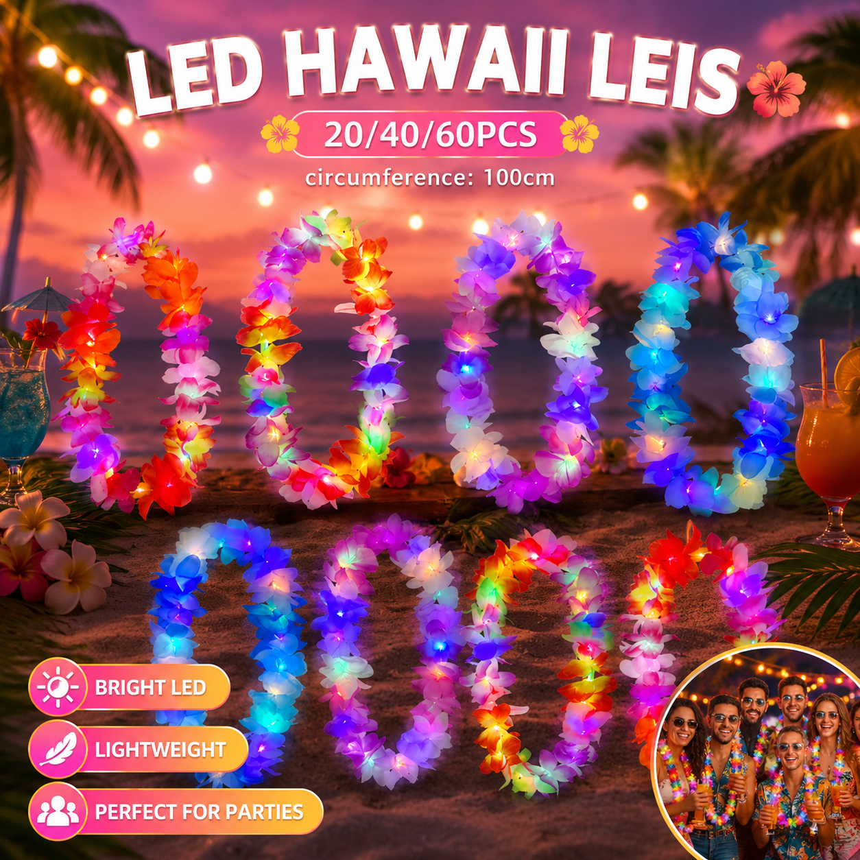 20-60 個 LED レイライトアップ結婚式ハワイアンレイフラワーネックレスビーチトロピカルカーニバルパーティールアウ仮装夏の記念品