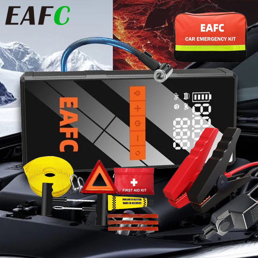 EAFC ジャンプスターター エアコンプレッサー付き 1200A パワーバンク タイヤ修理 応急処置 車用緊急キット タイヤインフレーター LED ライト