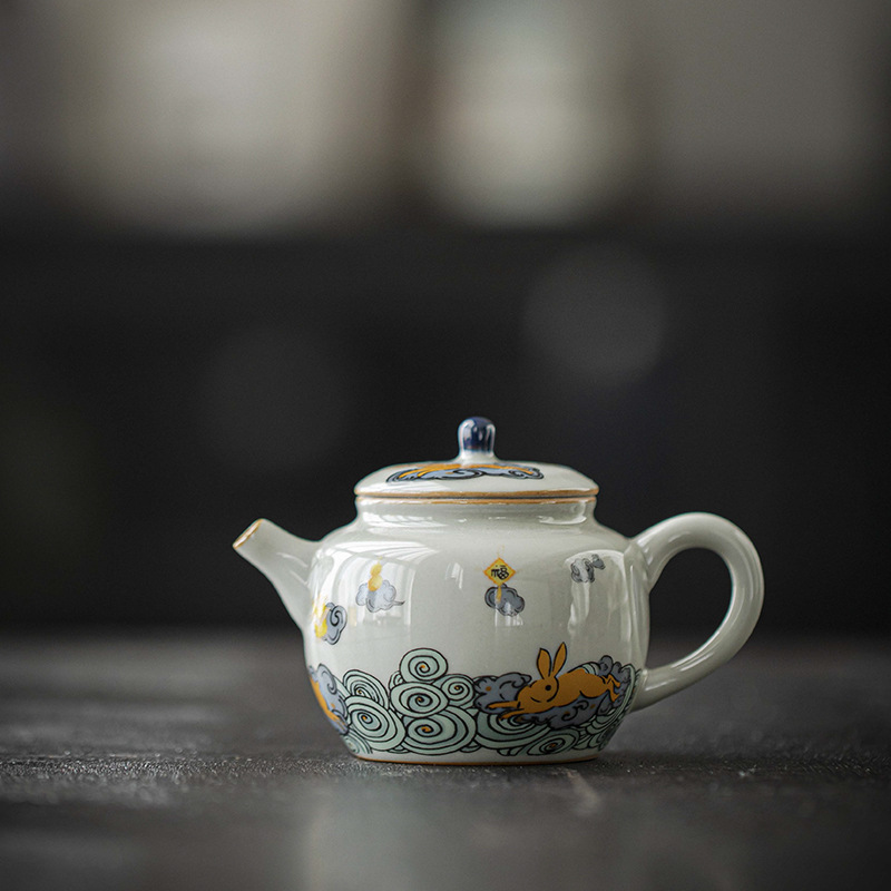 ウサギかわいい中国セラミックケトルティーポット茶道セットミルクウーロン茶ネクタイ観音ジャスミン漫画茶器タイプリリー鄧