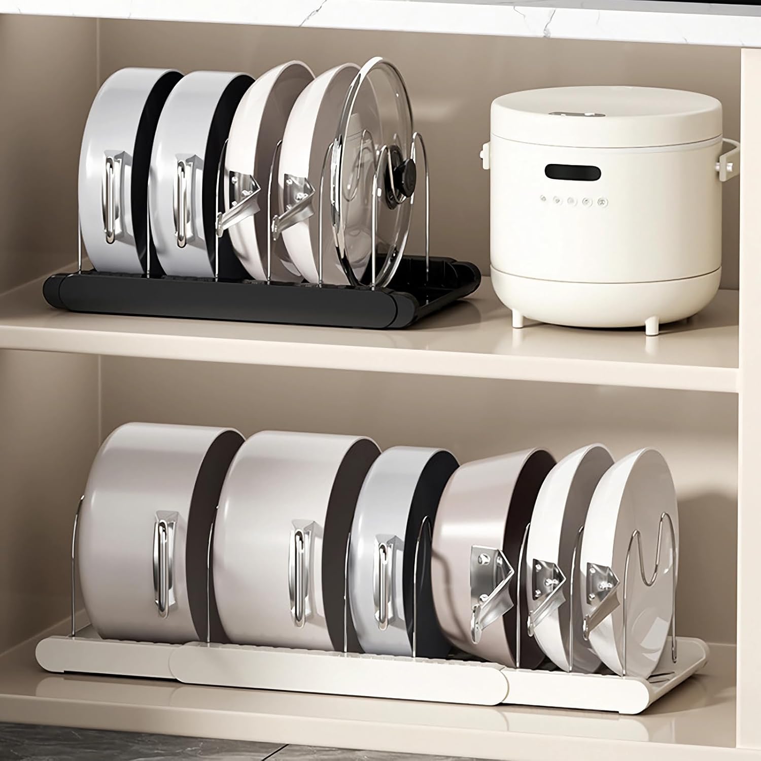 拡張可能なパンオーガナイザーラックキッチンキャビネットパンラック器具ラック、食器水切り省スペースキャビネット収納ラッククリスマス