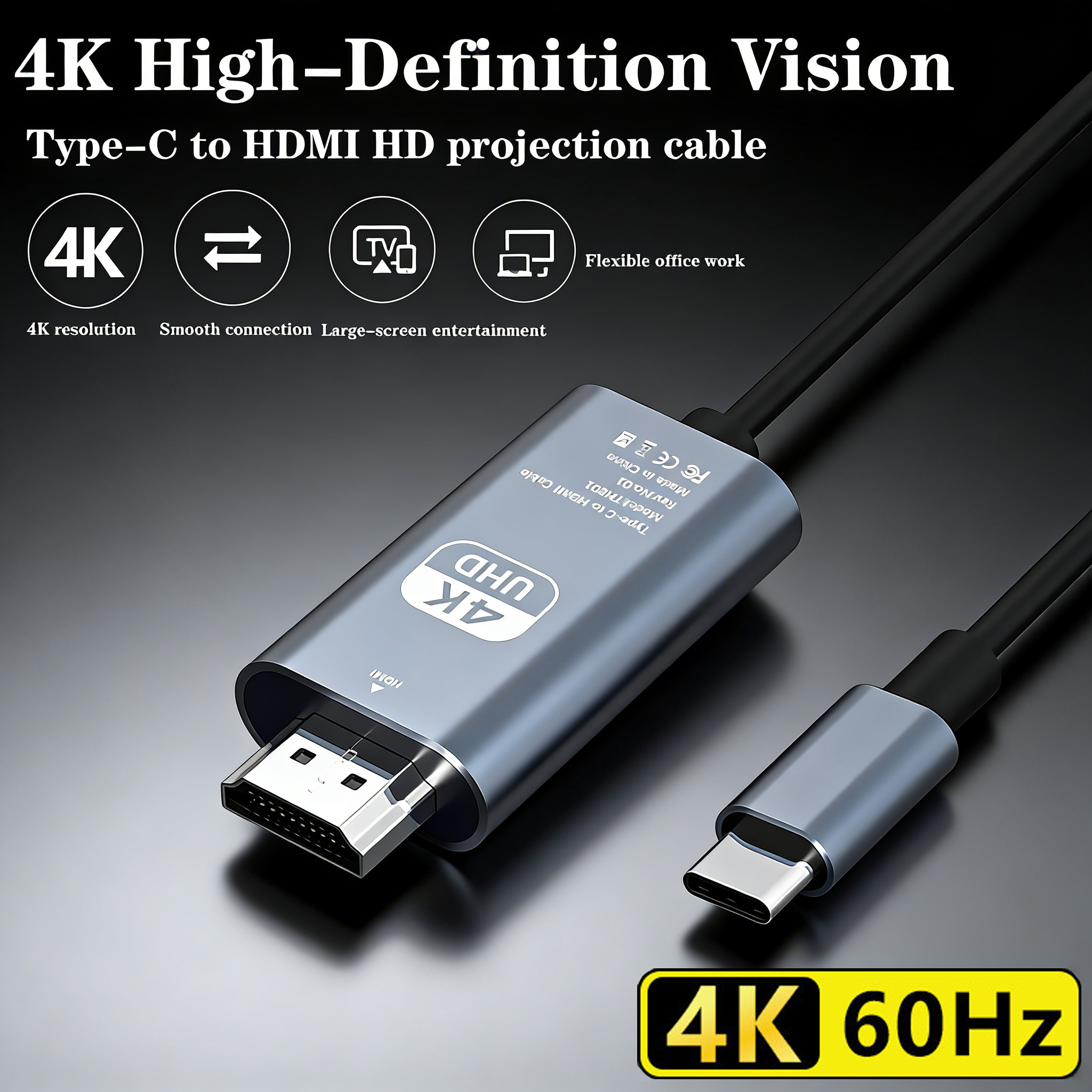 4K HD Type C to HDMI ケーブル 2M、電話 MacBook 用 HDTV 編組コード、TV/モニター/プロジェクター用同一画面ディスプレイ投影ワイヤー