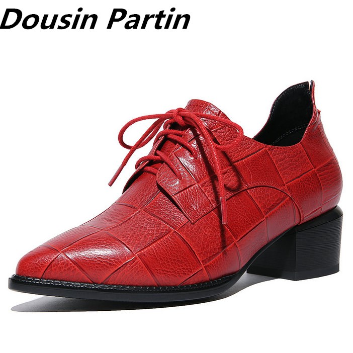 Dousin Partin レッド/ブラック女性パンプスファッションレースアップスクエアミッドヒールポインテッドトゥ N78969574 プラットフォームレディースパンプス 35-39