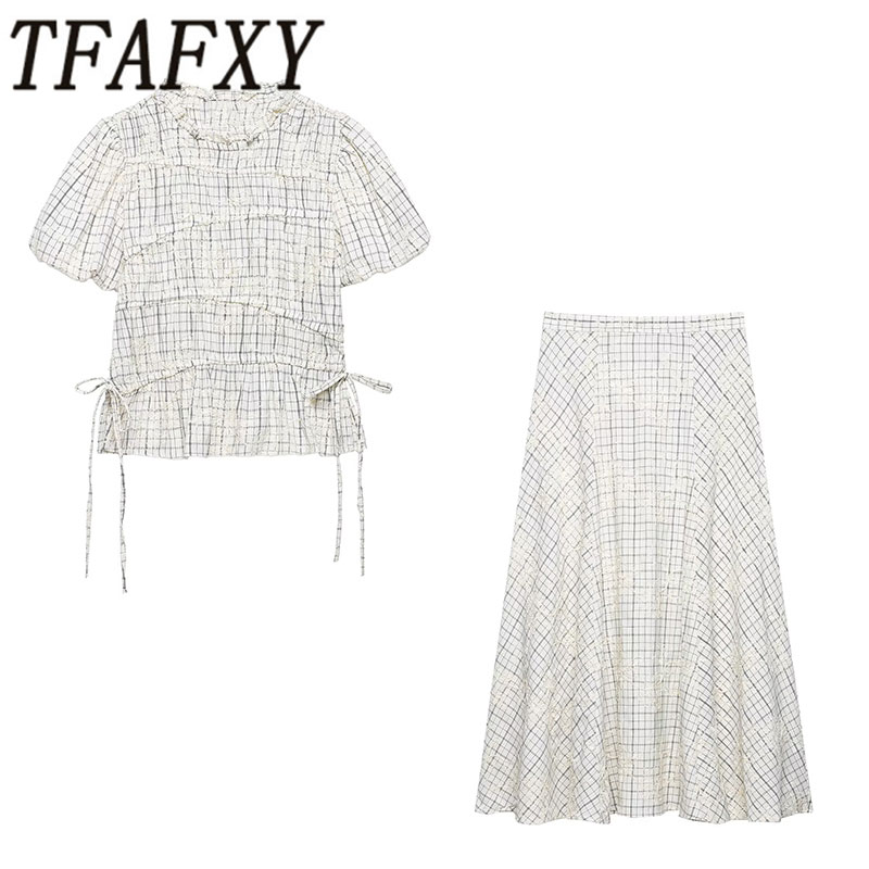 TFAFXY 2026 夏弓チェック柄刺繍ブラウス女性セット A ラインミディロングスカートスーツ Y2K