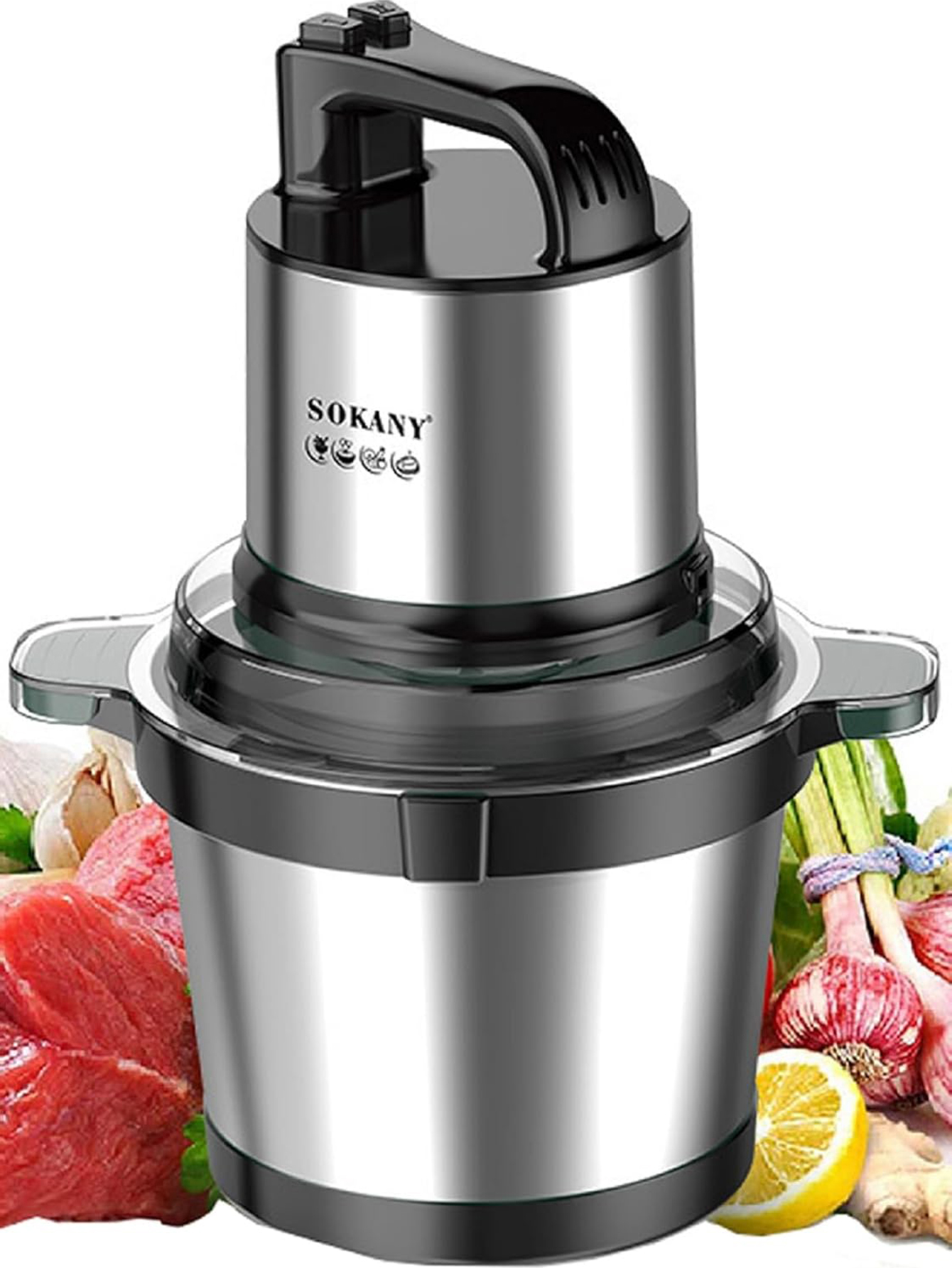 ステンレススチールボウル付き電気包丁1本、肉と玉ねぎ用の4枚の刃を備えた2スピードミートグラインダー。