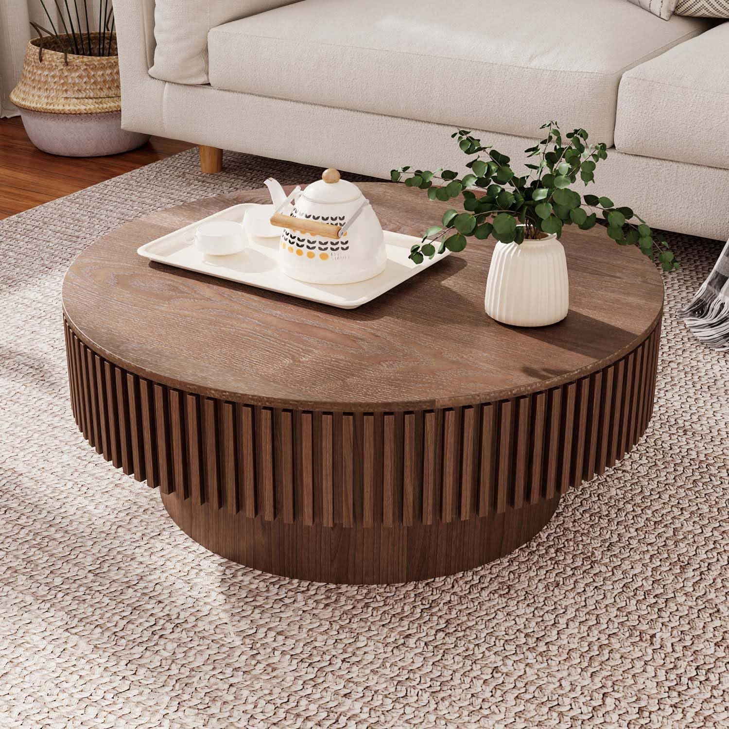 ラウンドウッドコーヒーテーブル収納棚モダンサークルアクセントティーリビングルームアパートメント 31.5x31.5x14 ウォールナットカスタム