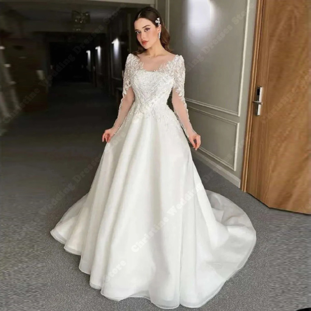 Glitte シフォン女性のウェディングドレスエレガントな魅力的なブライダルドレスレース長袖モップ丈 Vestido デ Novias カスタマイズ